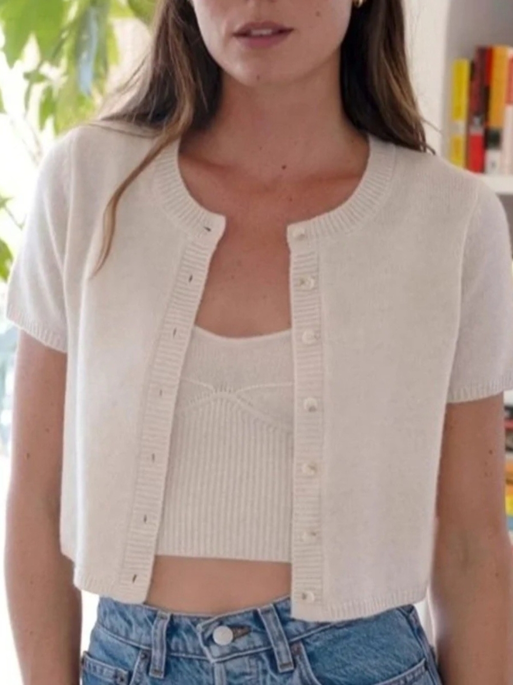 Reformation Cashmere 2-Piece  Set Beige Cropped short sleeve Cardigan & Cami XS